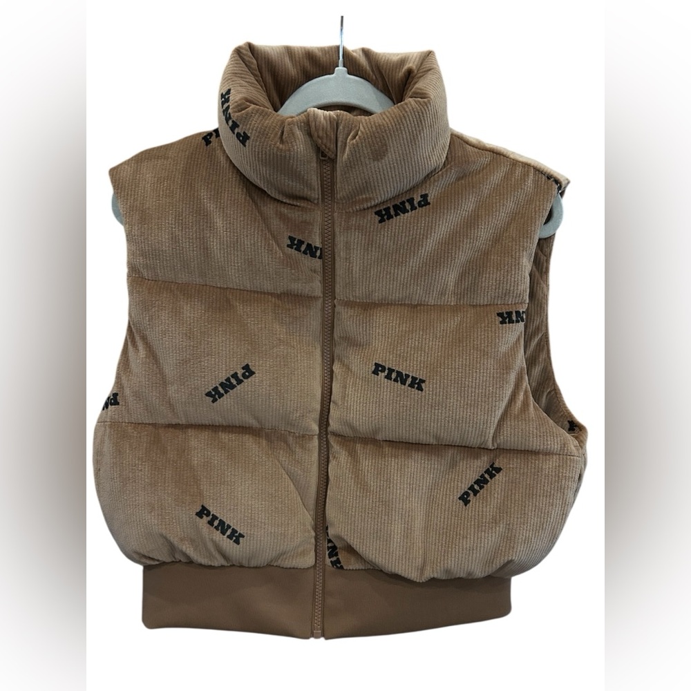 PINK Rib Velour Crop Puffer Vest Caramel Size M BNWOT